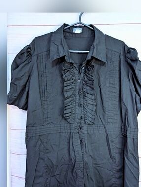 Euc Dots Ruffle Front Blouse With Cinched Rouched Puffy Sleeves Size Xl